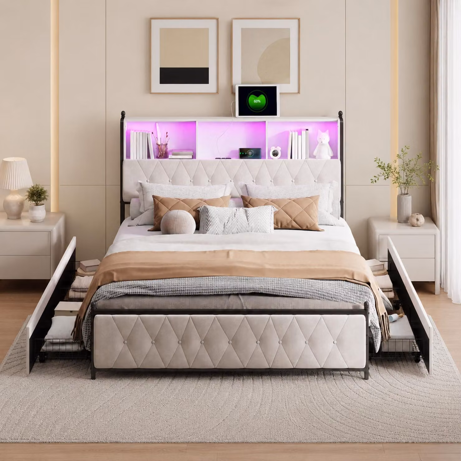 Letto matrimoniale INONEFT 140x200 cm con 4 cassetti, letto imbottito con illuminazione LED e porte USB e Type-C, struttura letto per giovani con rete a doghe, tessuto velluto, colore beige