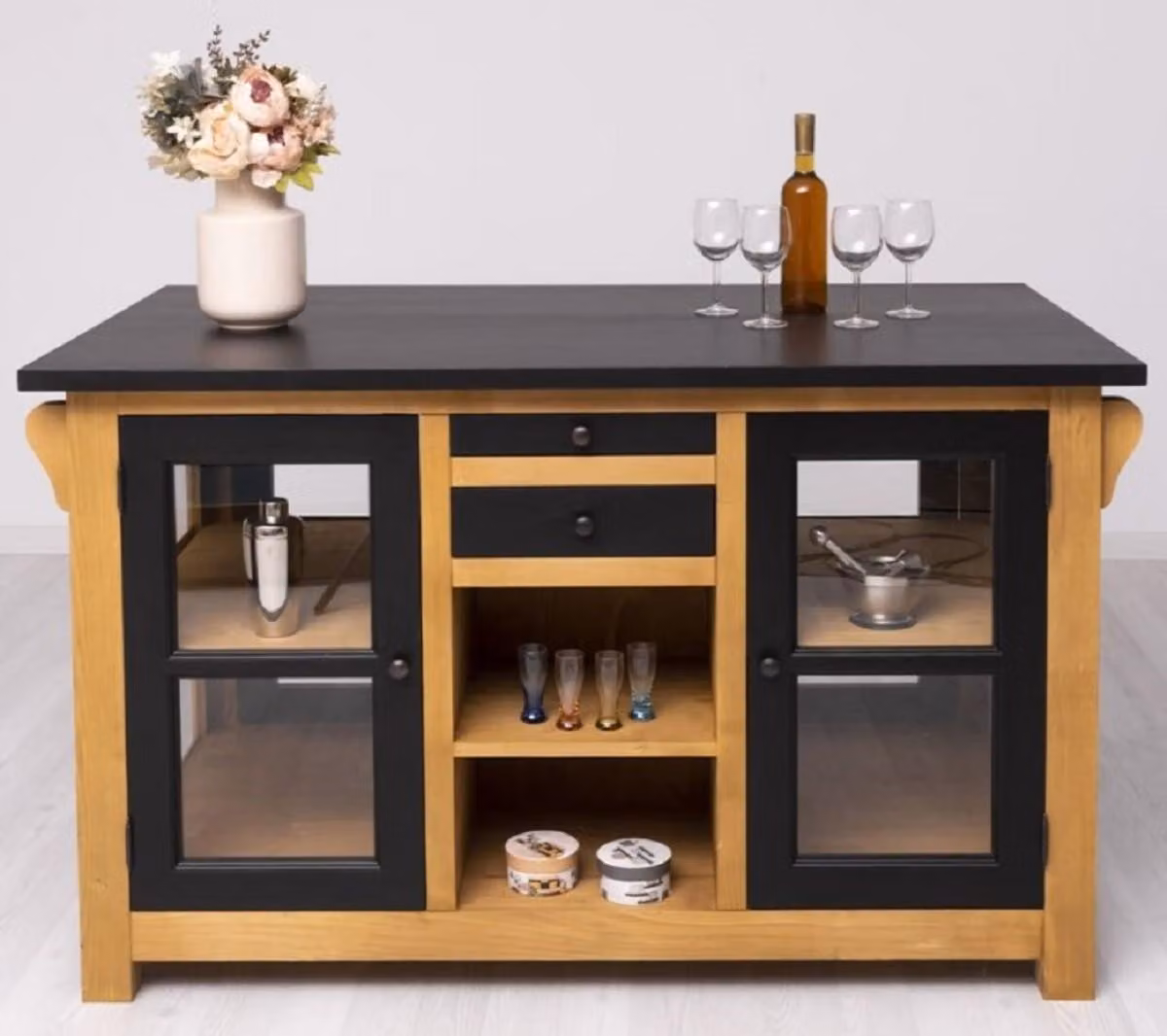 Casa Padrino isola da cucina in stile country nero / naturale 150 x 90 x h. 90 cm - Mobile da cucina in legno massello - Mobili da cucina in legno massello in stile country - Mobili da sala da pranzo in legno massello in stile country