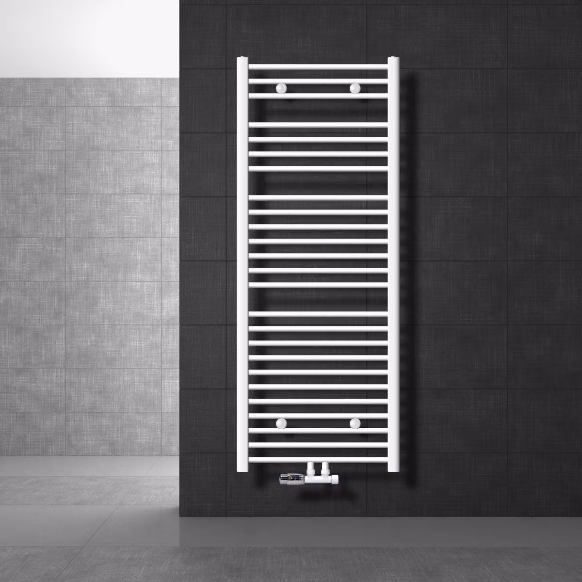 LuxeBath radiatore da bagno attacco centrale 600 x 1500 mm bianco diritto con termostato e set di collegamento angolo muro bianco - Radiatore, senza elemento riscaldante