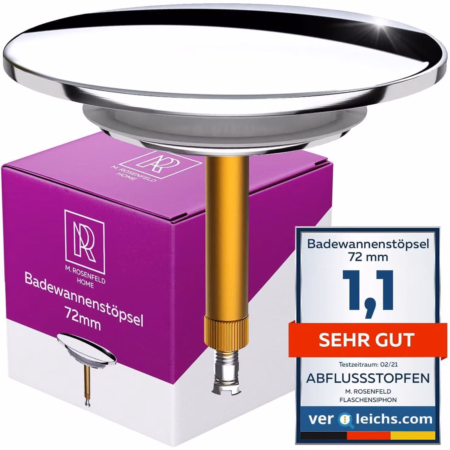 Tubo di scarico universale per vasca da bagno, diametro 72 mm, cromato, in ottone