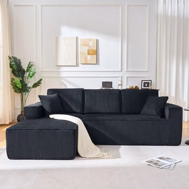 Sofa modulare a L con chaise longue; in velluto a coste nero; 235 x 128 x 60 cm