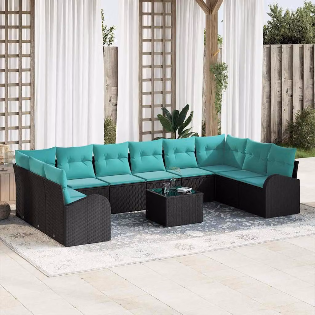 Maison Exclusive - Set da giardino composto da 11 pezzi. Divano e poltrone in rattan sintetico, colore nero e turchese