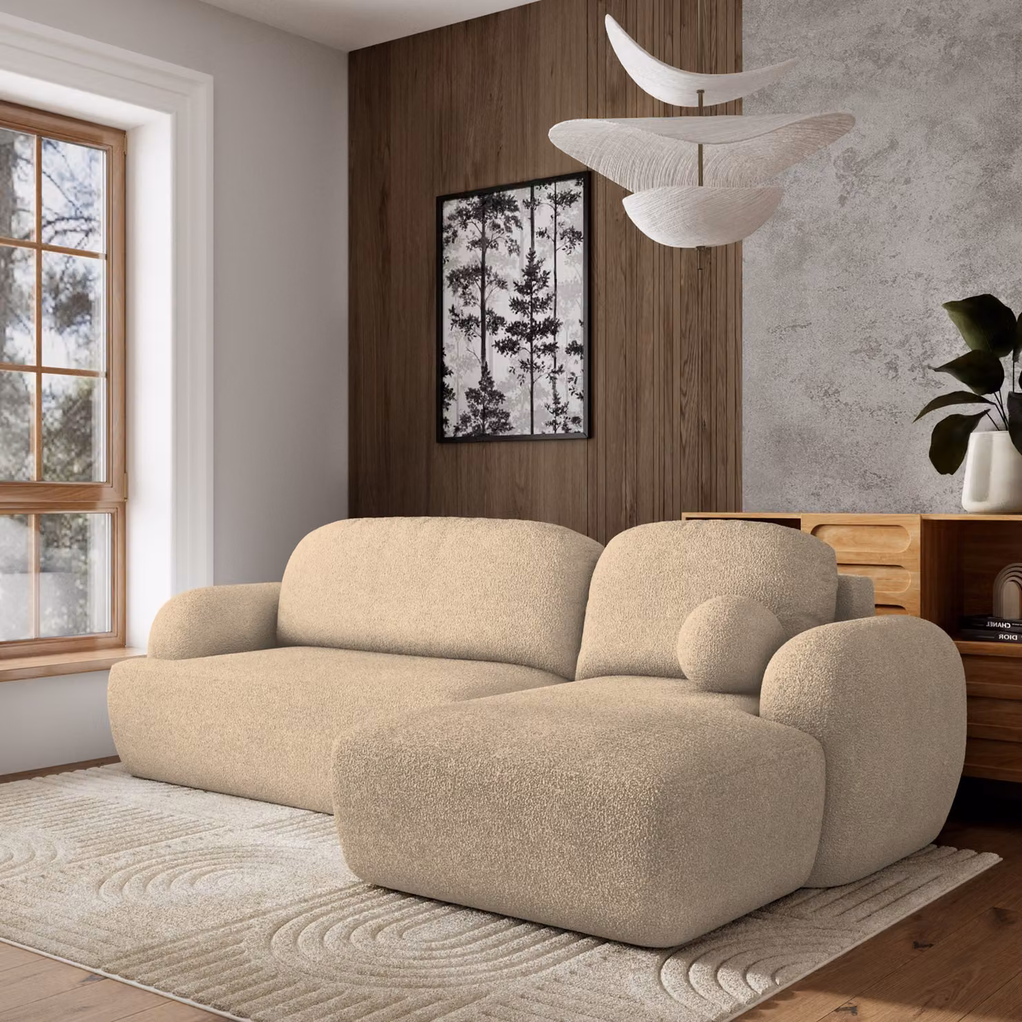 Divano angolare Masseno MODENZA N R-S con funzione letto a L, divano con box letto, divano da soggiorno, divano, divano letto, set divano crema, ORA O MAI PIÙ 02