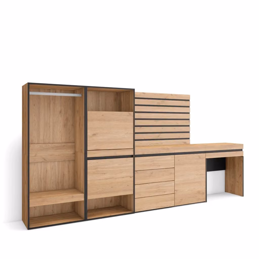 Scarpiera e Armadio Aperto SKRAUT HOME con Cassettiera e Pannelli Decorativi, Colore Rovere, L/P/H: 297 x 35 x 145 cm – 2