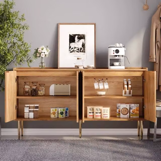 Credenza moderna in MDF con 4 ante curve e gambe in metallo, finitura opaca beige e marrone, ideale per soggiorno, camera da letto o ingresso