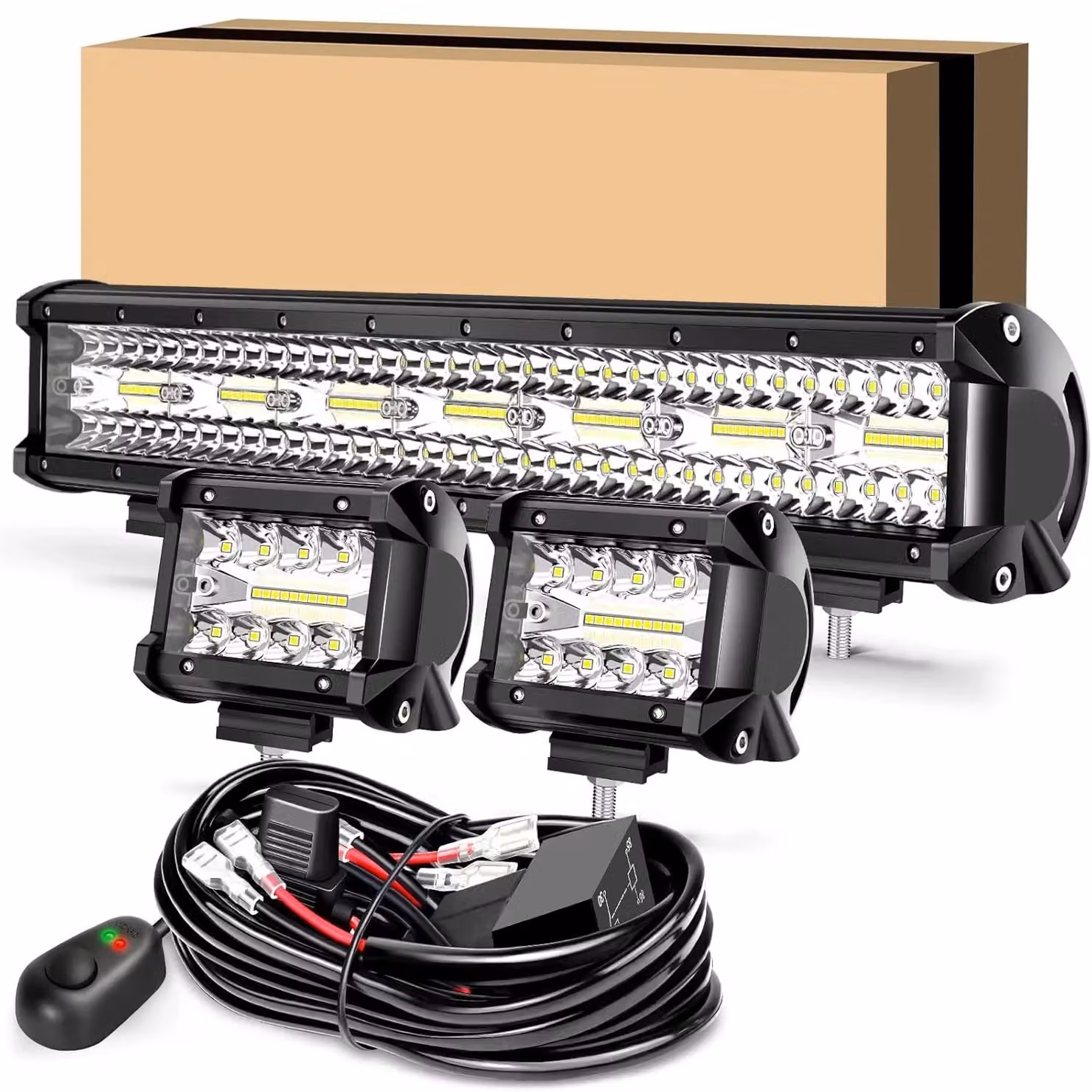 Barra illuminante a LED con 2 luci aggiuntive a LED da 10,16 cm - Faro da lavoro per fuoristrada, adatto per camion, SUV e ATV - 50,8 cm - 100 W - 24.000 lm - Combinazione spot/proiettore - Grado di protezione IP68 - 12/24 V