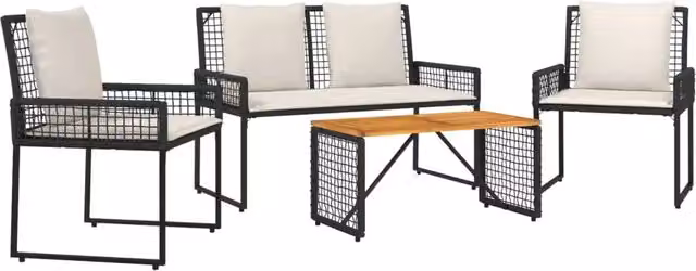 Set di Mobili da Esterno con cuscino 4 pz | Set Salotto da Giardino Nero e Bianco Crema