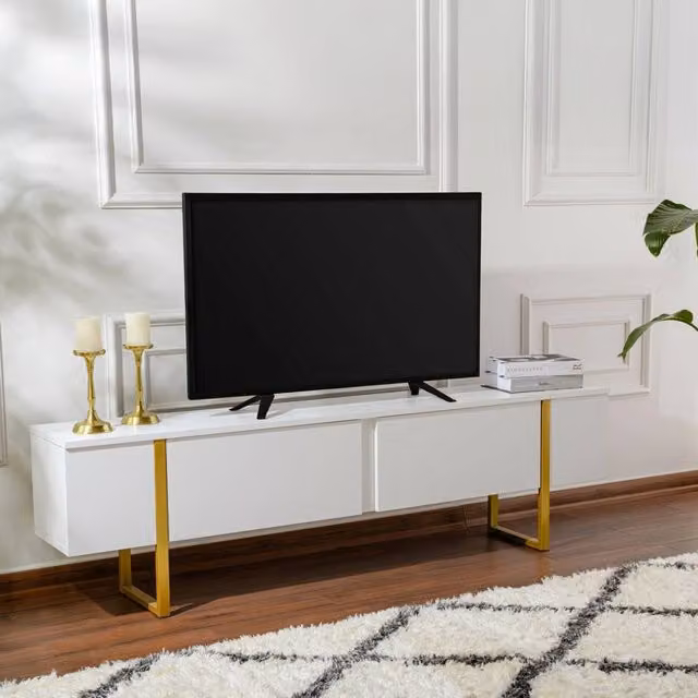 Mobile porta TV Lilith DMORA, Credenza da soggiorno moderna in MDF lucido, Bianco e Oro, L 180 x P 29,5 x H 50 cm – 1