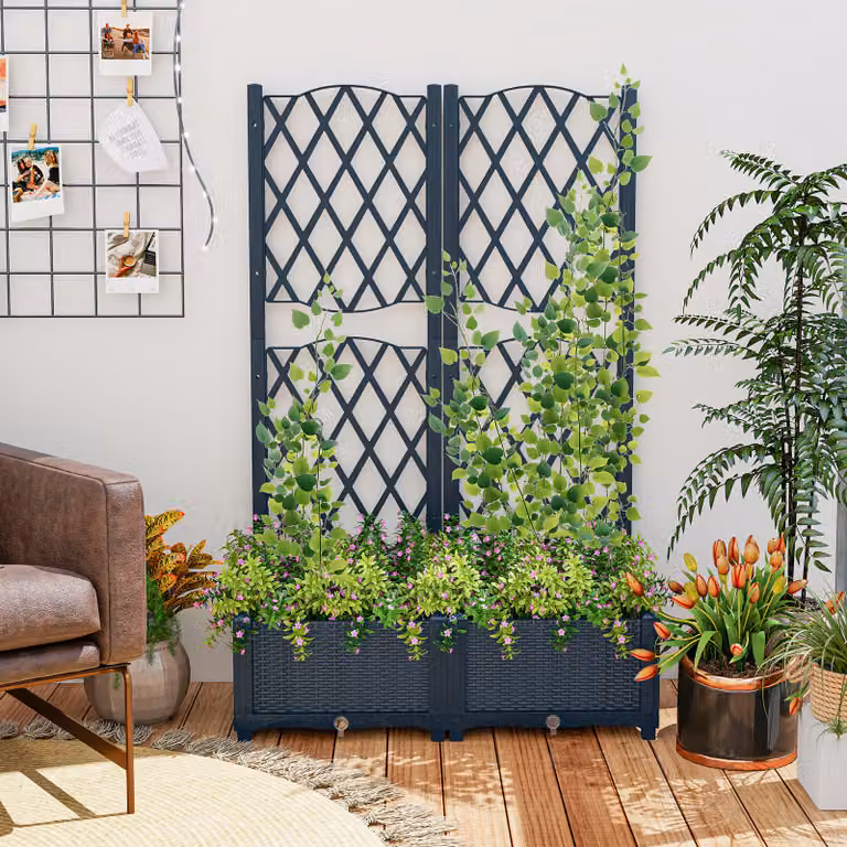 Fioriera rialzata con traliccio a reticolo Costway in plastica Grigio L: 76 cm, P: 36 cm, H: 18 cm