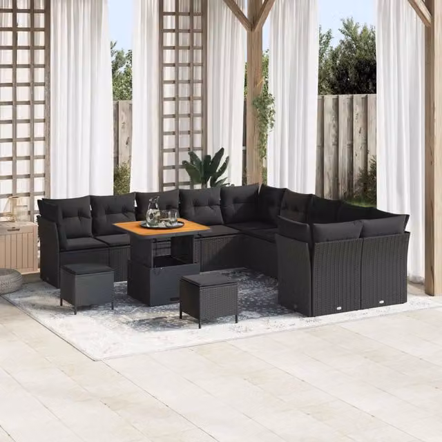 Set Divano da Giardino vidaXL a forma a U in Polyrattan Nero con Cuscini e Tavolino da Esterno