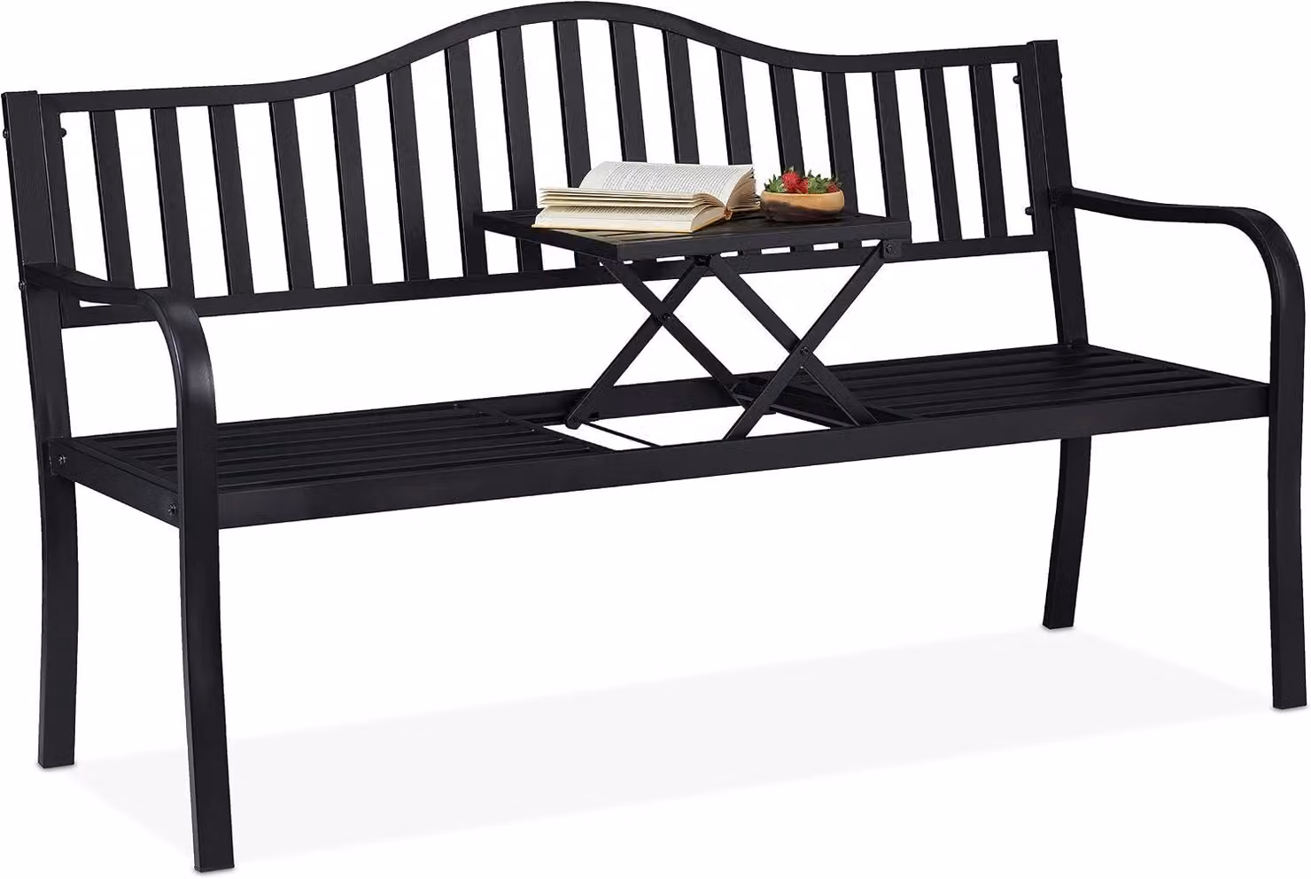 Panca da giardino con tavolino pieghevole - Seduta - Stabile - Adatta per l'esterno - Panca da balcone in metallo - 89 x 150 x 58,5 cm - Colore: nero