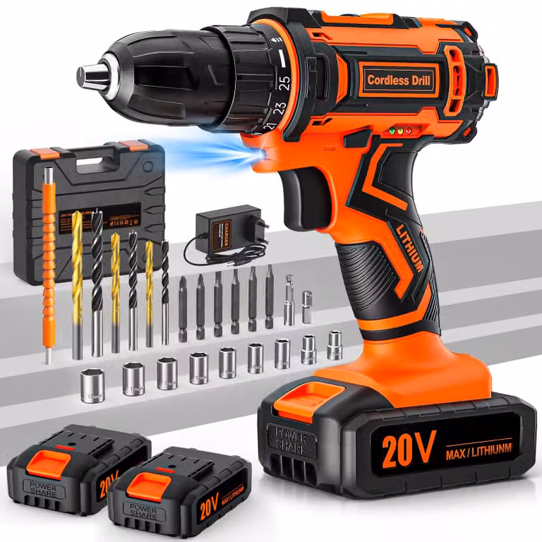 Trapano avvitatore a batteria, set da 20V con due batterie da 2.0Ah