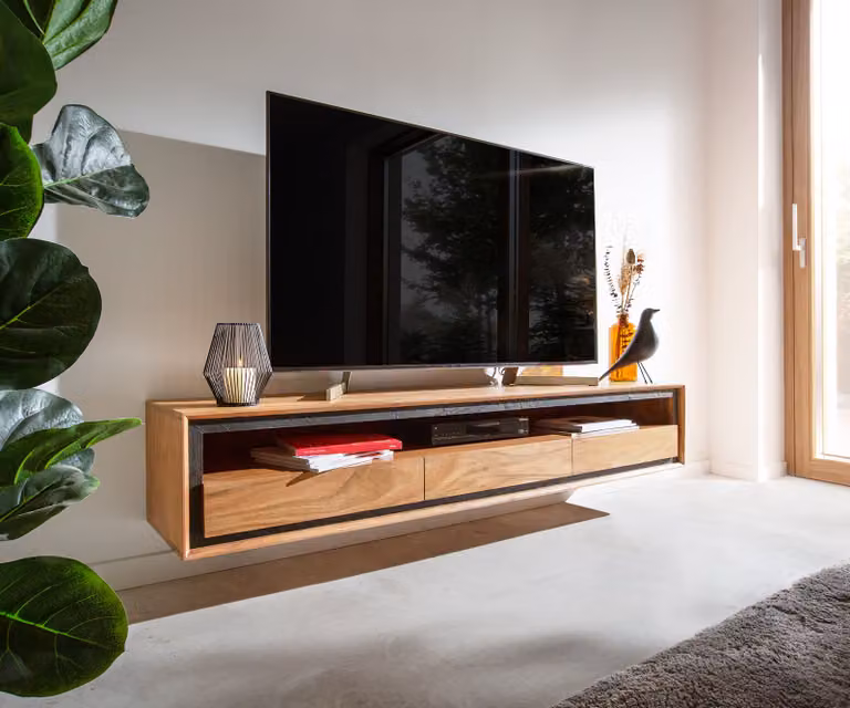 DELIFE Mobile basso Stonegrace 175 cm in acacia naturale, 1 ripiano e 3 cassetti, con rivestimento in pietra, a sospensione