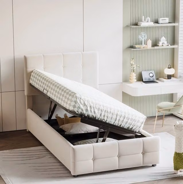 Letto imbottito per bambini ULEVR 90x200 cm con contenitore idraulico e testiera regolabile, velluto beige