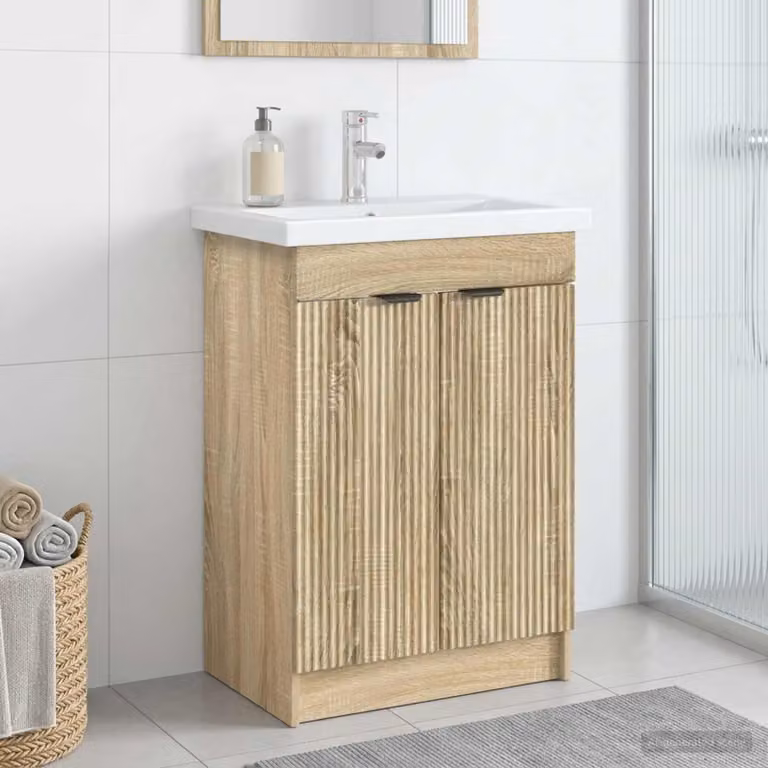 Mobiletto da bagno sotto il lavello vidaXL in Rovere Sonoma con ante a battente e ripiani interni, L: 81.0 cm, H: 56.0 cm, P: 37.5 cm