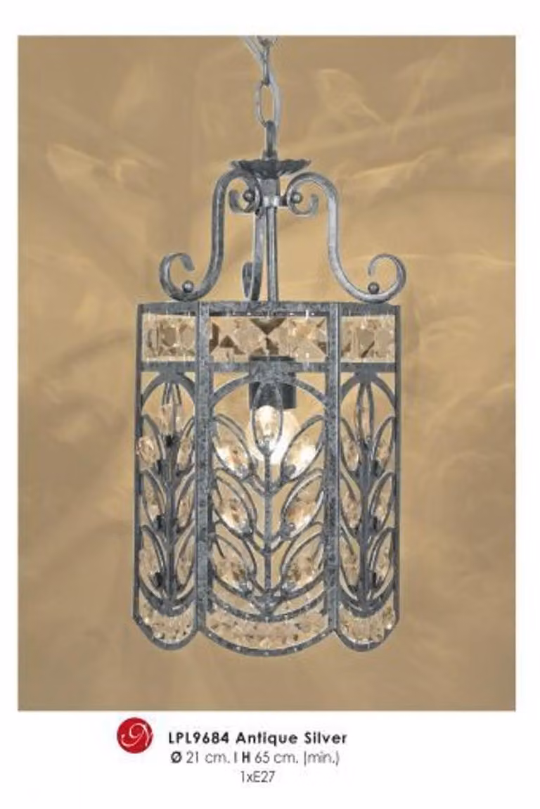 Lampada a sospensione di design "Casa Padrino" in stile orientale, con decorazioni in cristallo e finitura argento anticato, diametro 21 cm, altezza 65 cm