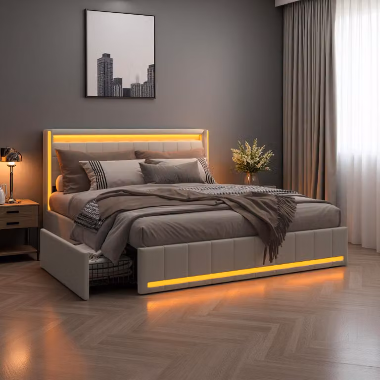 UnboxG Letto matrimoniale 140x190 cm Beige in tessuto con 4 cassetti in metallo – Illuminazione a LED su testiera e pediera, porta USB, letto imbottito
