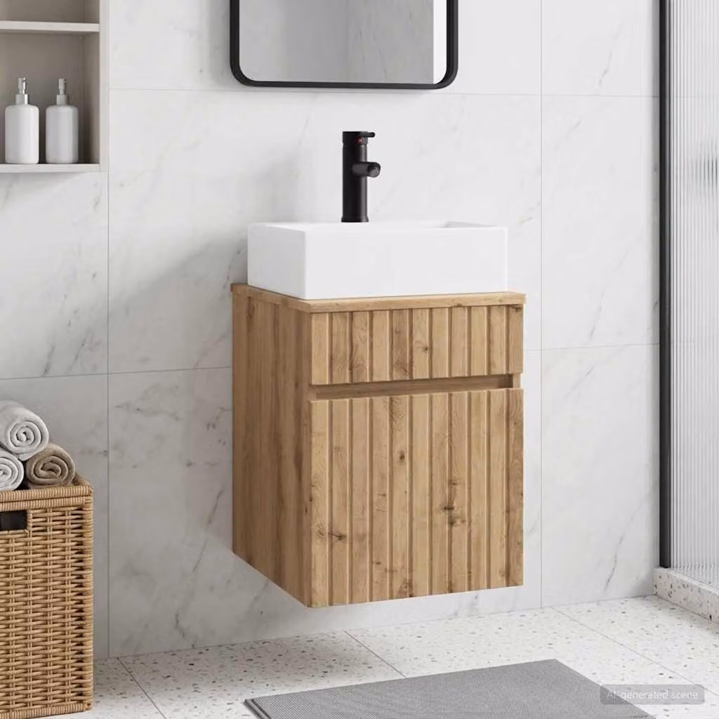 Lavabo da parete moderno vidaXL in rovere con ante a cerniera, L 39 cm x P 41 cm x H 62,5 cm