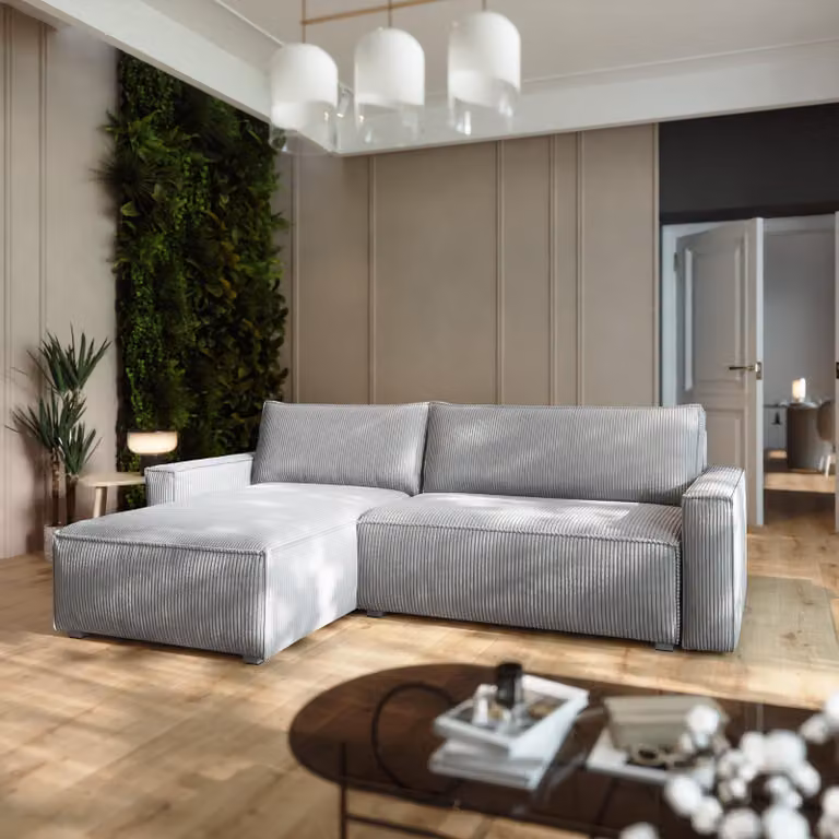 Divano ad angolo Masseno BESMIR con funzione letto a L, divano con contenitore, divano da salotto, divano, divano letto, set divani - Grigio chiaro, POSO 55