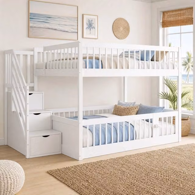 Letto a castello 140x200 in legno massello con scala contenitore; bianco