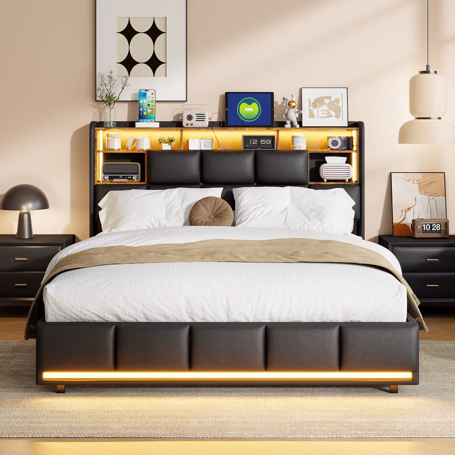 Letto matrimoniale imbottito 140 x 200 cm con illuminazione a LED e porta di ricarica USB, letto funzionale, nero