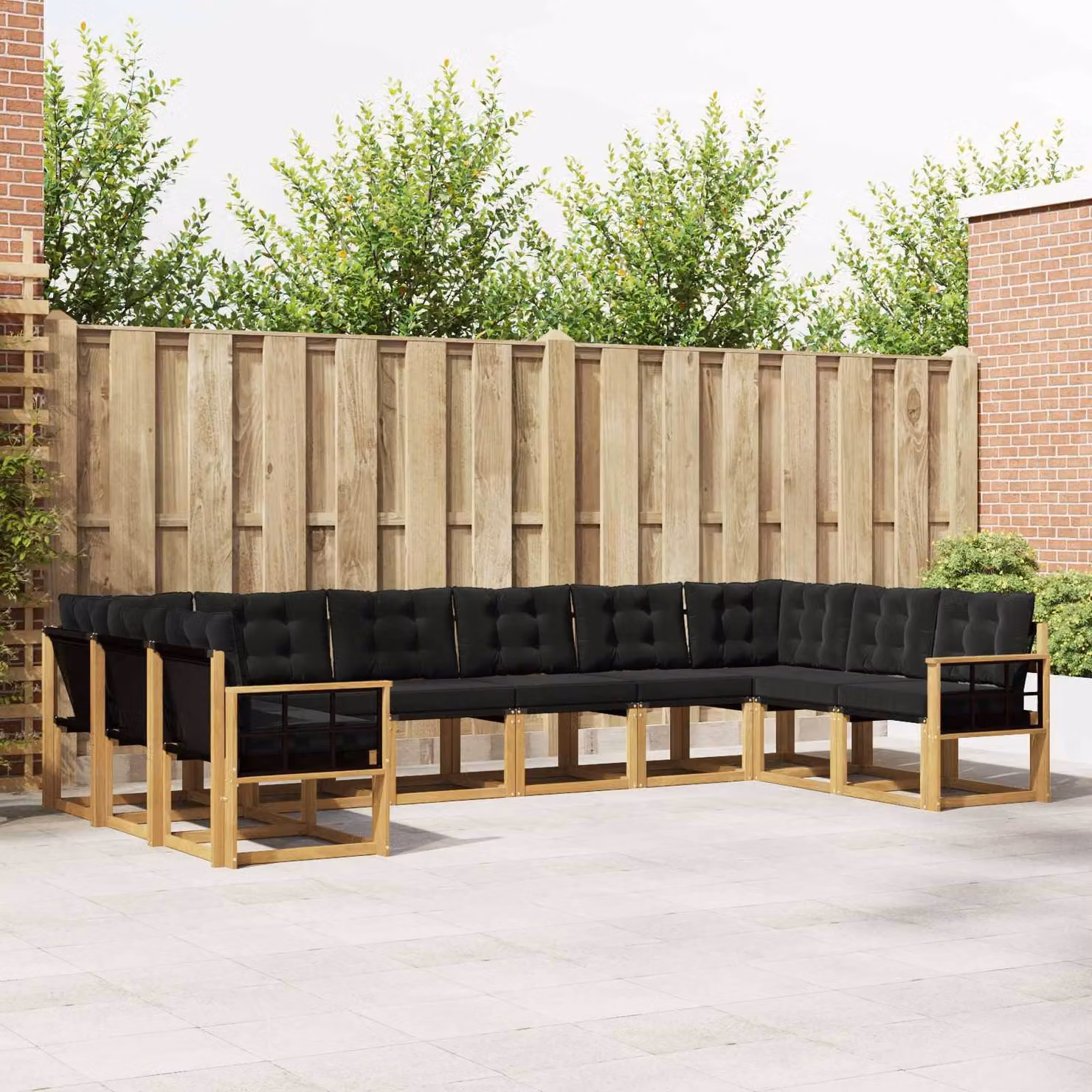 Set di divani da esterno vidaXL a forma di U composto da 10 pezzi in legno di acacia e textilene, Bianco e Nero