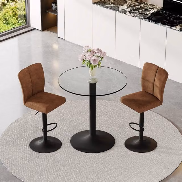 Tavolo da bar rotondo in vetro con 2 sgabelli girevoli e regolabili, per cucina e lounge, marrone e nero, Ø 89 cm