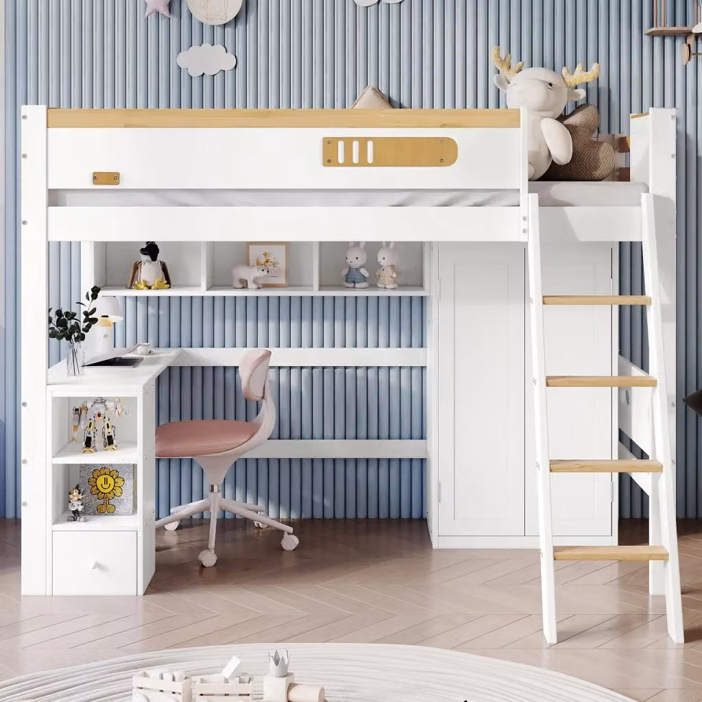 Letto a castello per bambini REDOM con scrivania, armadio e vani laterali, struttura a forma di casetta in legno e MDF, colore bianco, L/P/H: 200 x 90 x 154,5 cm – 2