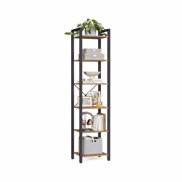 Scaffale a 6 Ripiani Libreria per Ufficio, Noce Scuro + Nero