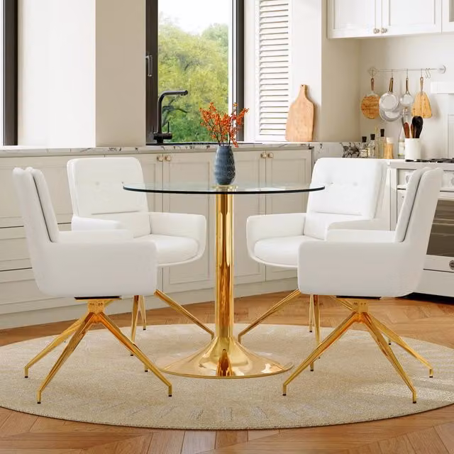 Set tavolo e sedie da pranzo 85x85x76 cm con sedie girevoli a 360° in vetro; metallo e pelle PU; trasparente; bianco e oro