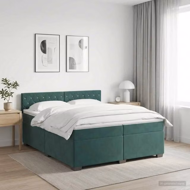 Letto box spring con materasso vidaXL in velluto verde scuro e bianco, con base a sollevamento, L: 200 cm, P: 200 cm, H: 140 cm