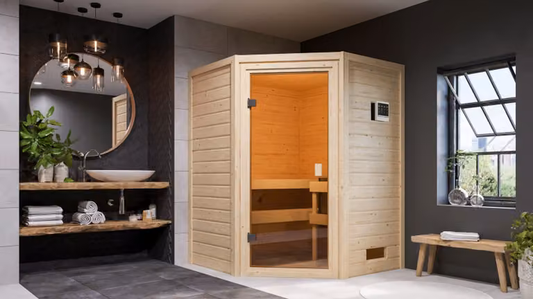Sauna Woodfeeling Antonia (ingresso ad angolo), porta a tutto vetro, bronzata, riscaldatore 9 kW controllo esterno facile