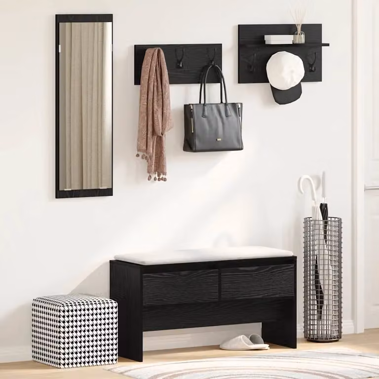 Set mobili da ingresso vidaXL 4 pz nero, composto da panca, specchio e appendiabiti, L: 90 cm, P: 31 cm, H: 46,5 cm