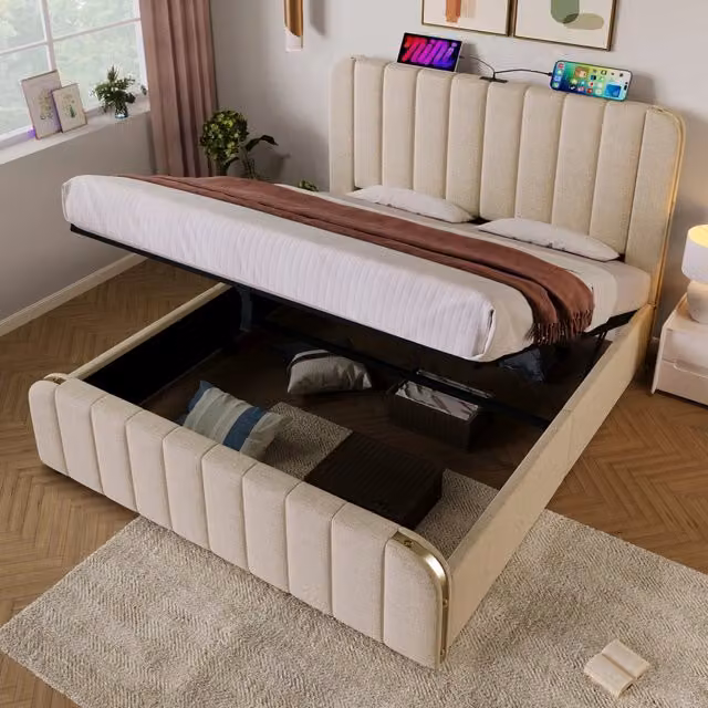Letto contenitore imbottito WISHDOR beige con testiera dotata di porte USB e Type-C, struttura in metallo e legno, L/P: 140 x 200 cm