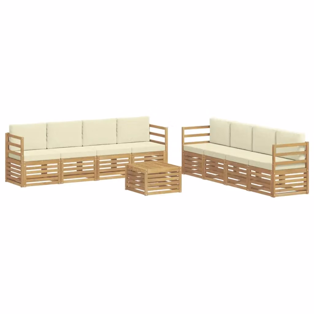 Set di divani da esterno a L con tavolino vidaXL, 9 pezzi in legno di acacia e tessuto bianco e beige – 2