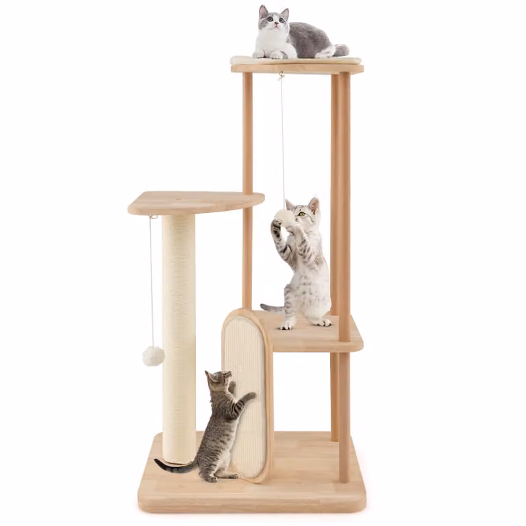 GOPLUS 112cm tiragraffi, albero per gatti in legno con tiragraffi in sisal e paletto, area di riposo imbottita, 2 piattaforme, 2 giochi appesi, beige