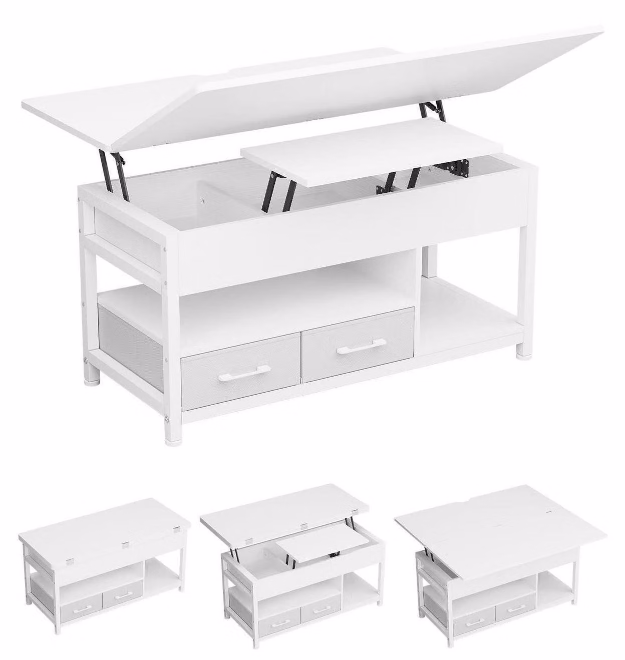 Tavolino da caffè regolabile in altezza, 3-in-1, bianco, MDF e metallo, 100 x 100 x 67 cm