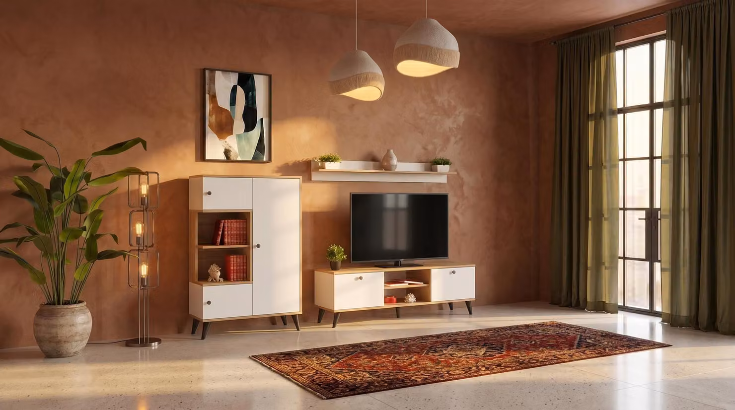 Televisore bianco, mobile basso in legno per la TV, scaffale, grande libreria, mobili di design