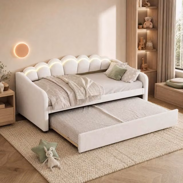Letto singolo 90x200 cm con letto estraibile, velluto beige e LED