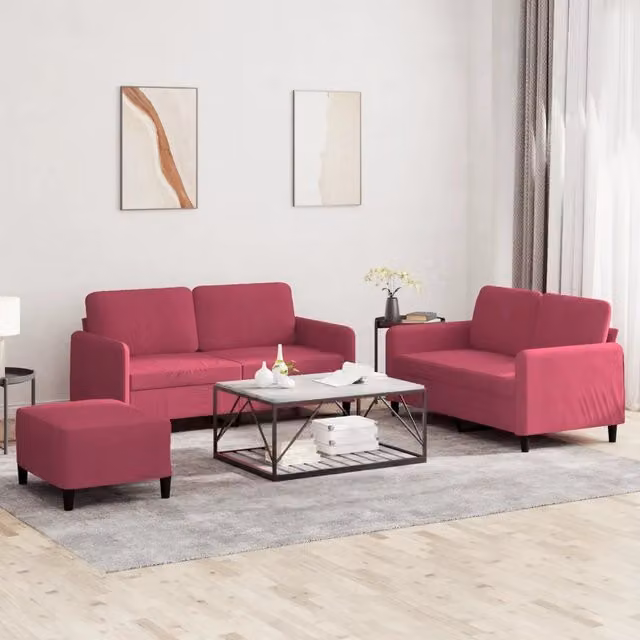 Set di divani 3 pezzi vidaXL in velluto rosso per soggiorno in stile moderno con cuscini inclusi – 1