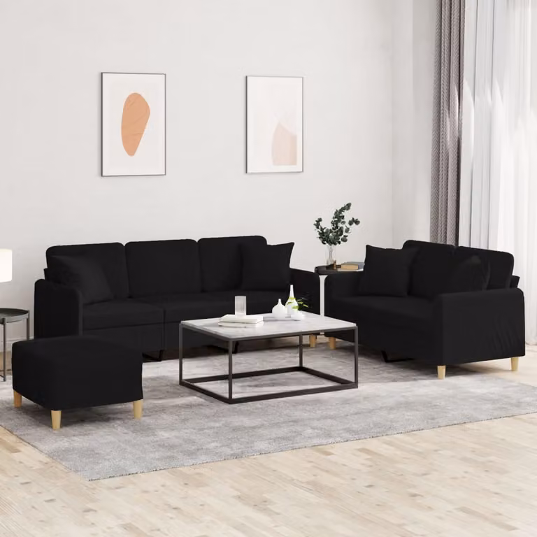 Set di Divani vidaXL 3 Pezzi con Ottoman e Cuscini, Tessuto Nero Moderno per Soggiorno