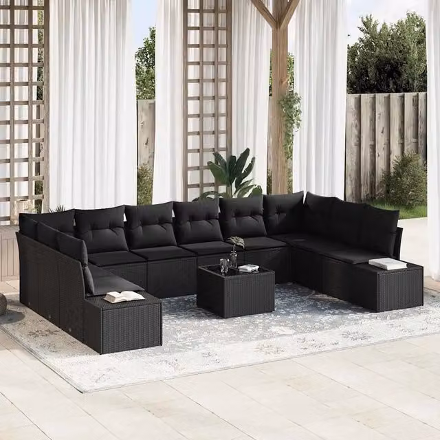 Set Divano da Giardino Moderno vidaXL in Polyrattan Nero con Cuscini e Tavolino da Esterno a Forma di L – 1
