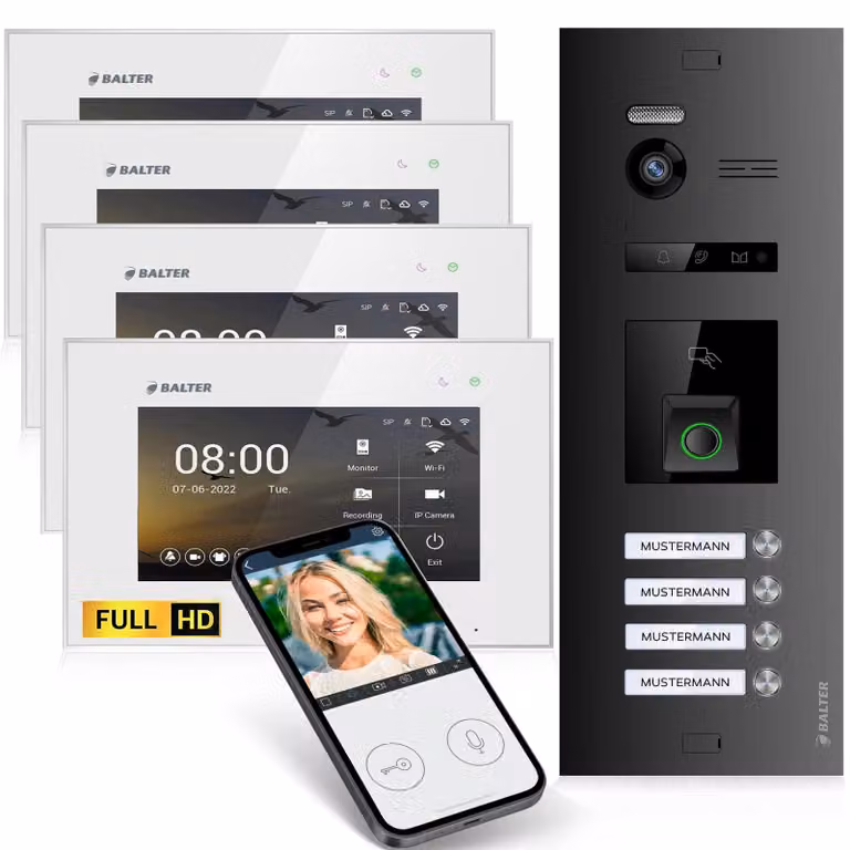 Videocitofono con telecamera Full HD, angolo di visione di 175°, monitor Wi-Fi da 4 x 7 pollici, accesso tramite impronta digitale e RFID, installazione a parete cablata