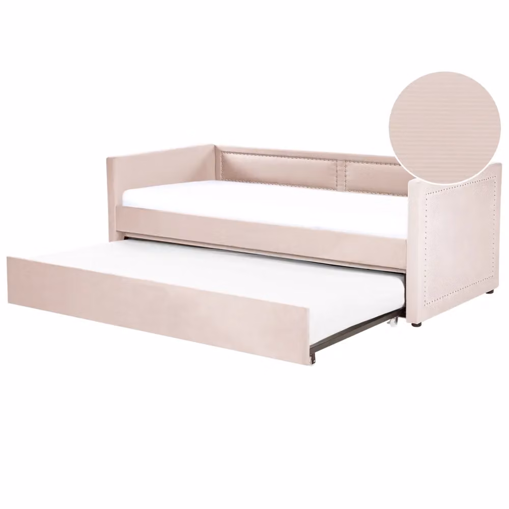 Letto da giorno estraibile BELIANI in velluto a coste rosa, con rete a doghe e testiera decorata, L/P/H: 216 x 90 x 184 cm – 2