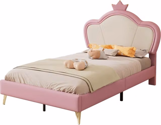 Letto per bambini con testiera a corona e bordi imbottiti in ecopelle rosa e bianco, L/P/H: 200 x 90 x 112 cm – 1