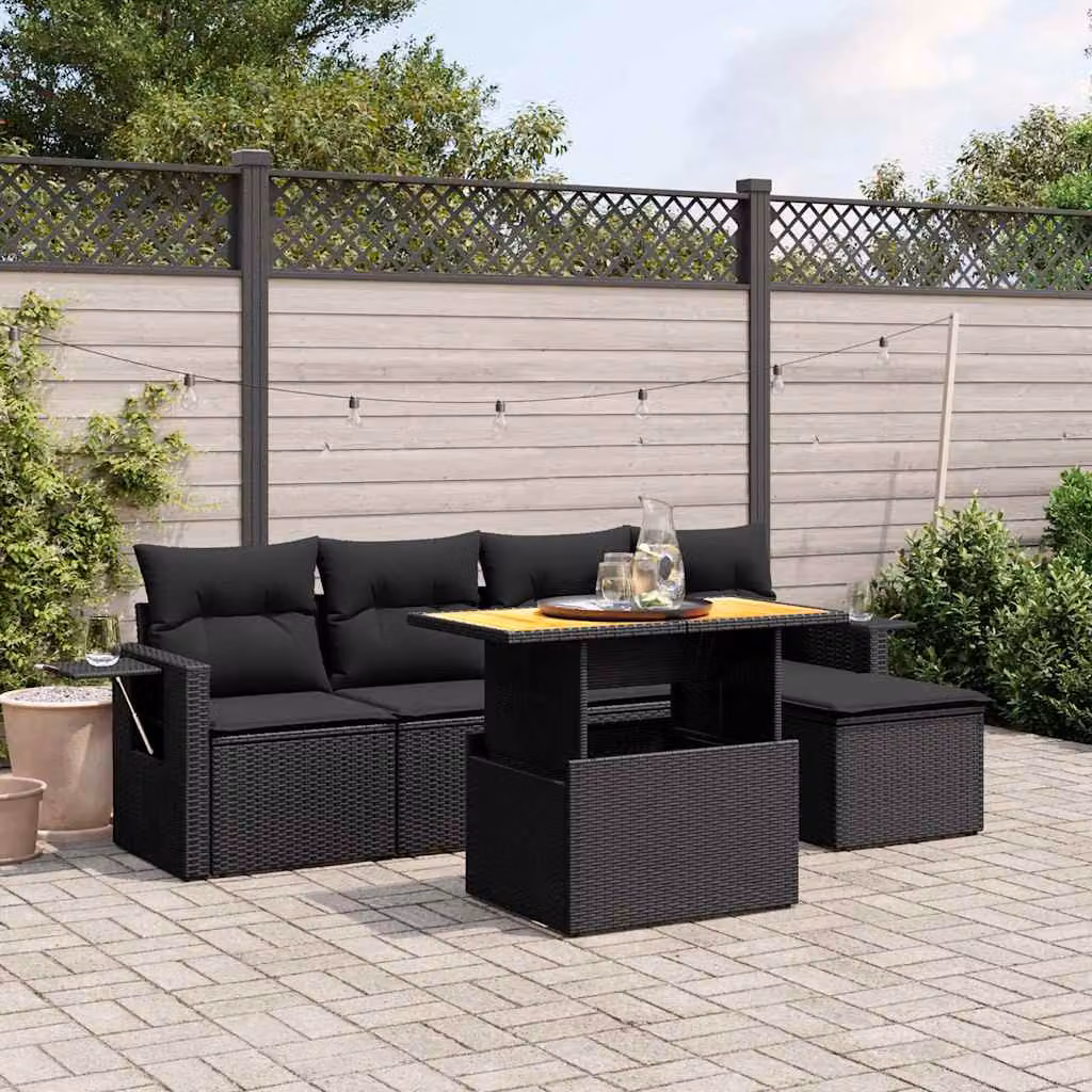 Set Divano da Giardino vidaXL 6 pz in Polyrattan Nero con Cuscini e Tavolino – 1