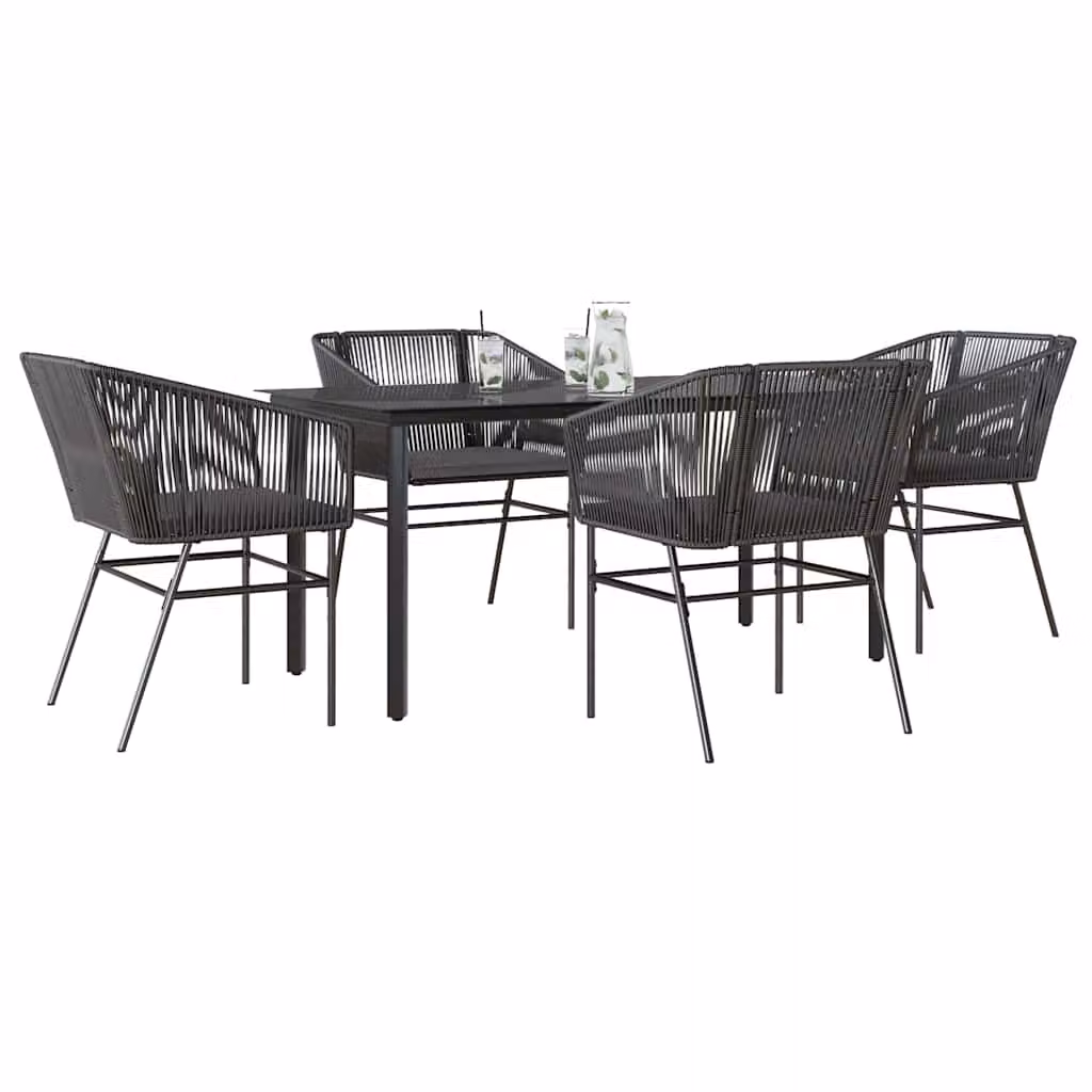 Set da pranzo da giardino vidaXL in polyrattan con tavolo in vetro e 5 cuscini, grigio e nero