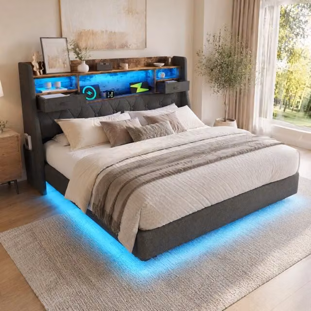 Letto 140x200 cm con materasso, LED, USB e USB-C, rivestimento in lino grigio