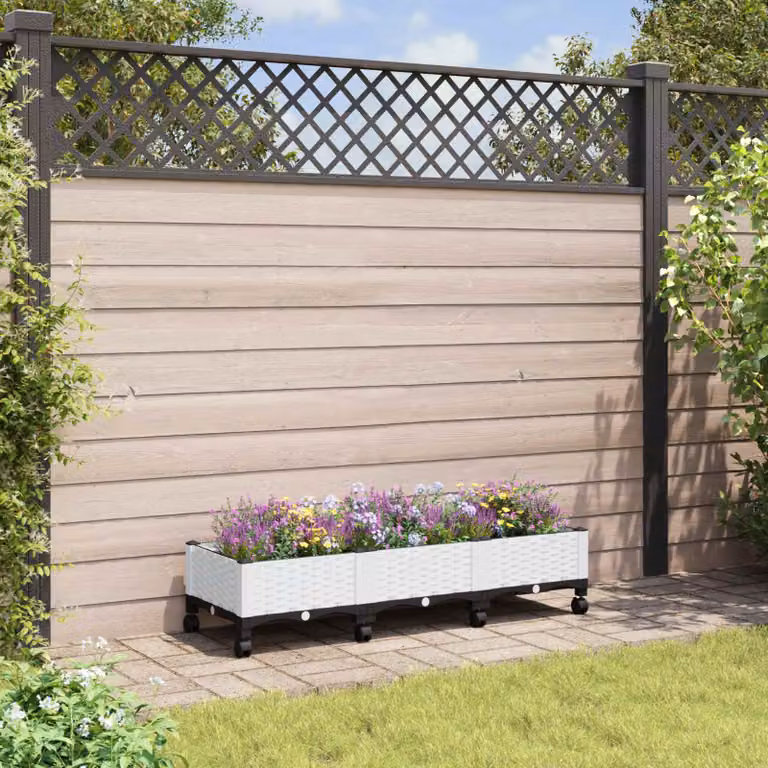 Vaso da giardino con ruote vidaXL in plastica bianco L: 120 cm, P: 40 cm, H: 29 cm