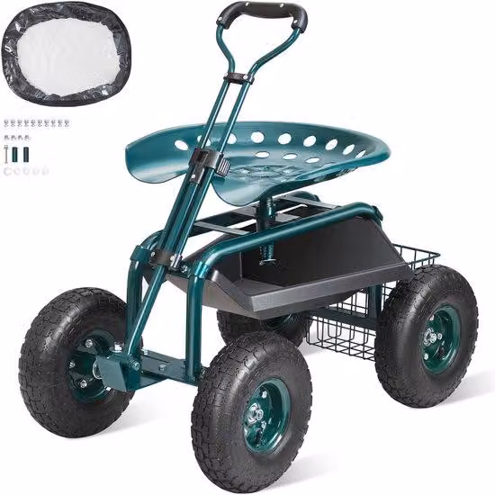Carrello da giardino, sedia girevole a 360° con ruote, vassoio portaoggetti universale per utensili e maniglia per terrazza, giardino, spazi esterni e aree verdi.